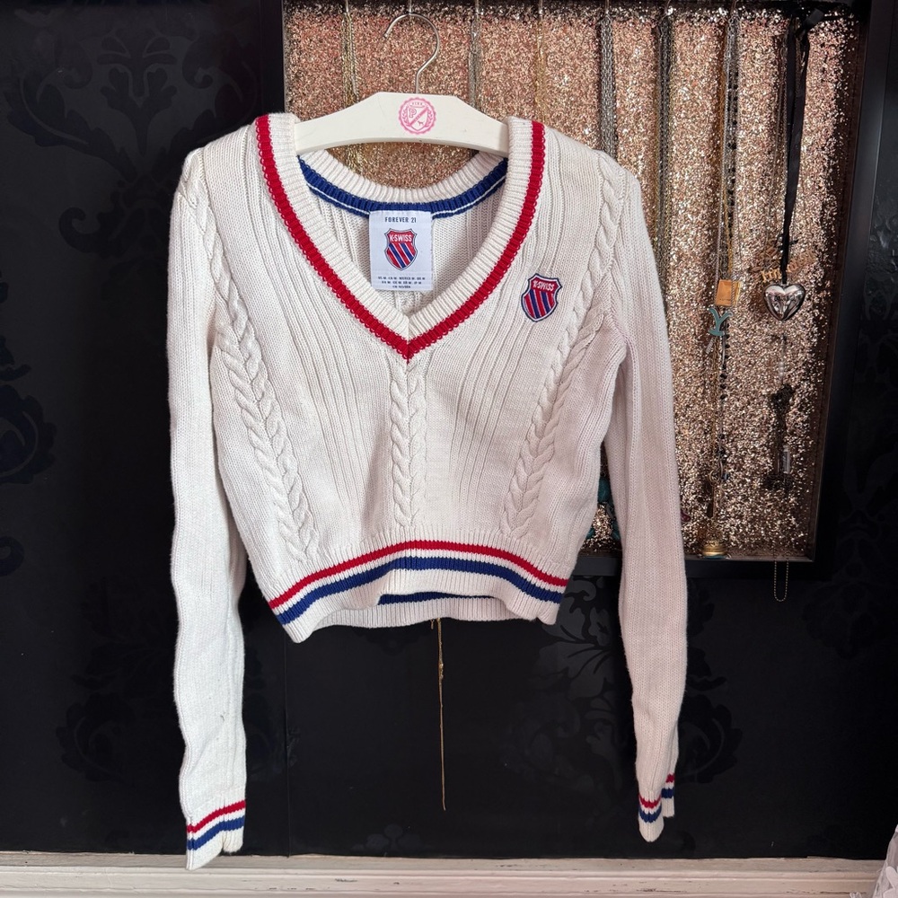 Classic Cable Knit V-Neck Sweater - White with Red & Blue Trim